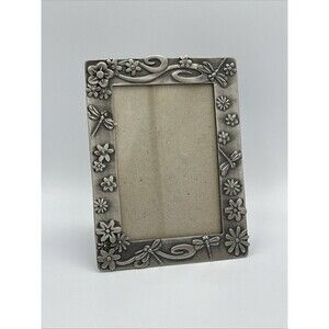 Heavy Pewter Dragonfly Daisy Cosmos Flowers Picture Frame Easel for 3" x 4.5"